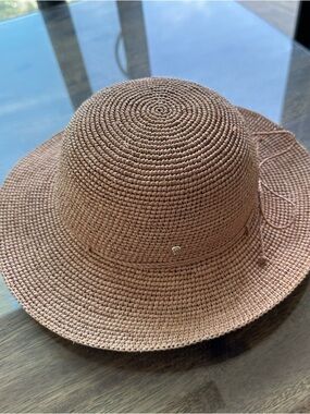 Helen Kaminski tan braided sun hat with ribbon detail